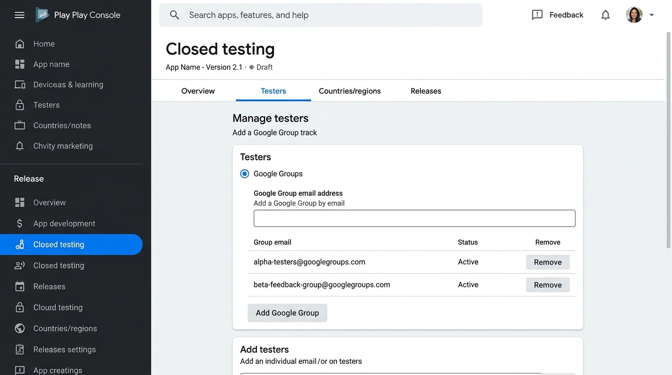 Google Play Console - Test fermé et onglet Testeurs