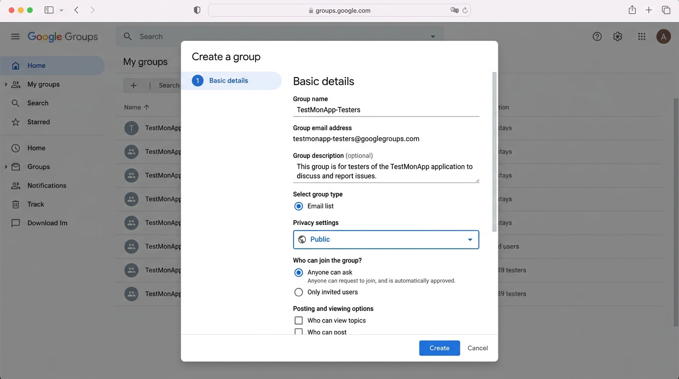 Création d'un groupe Google Groups pour les testeurs