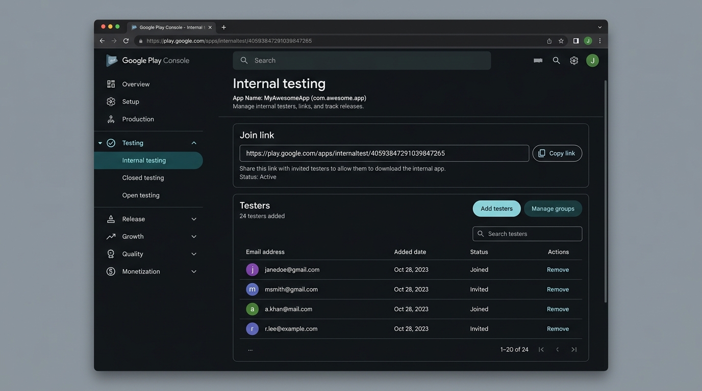 Google Play Console - Écran de Test Interne
