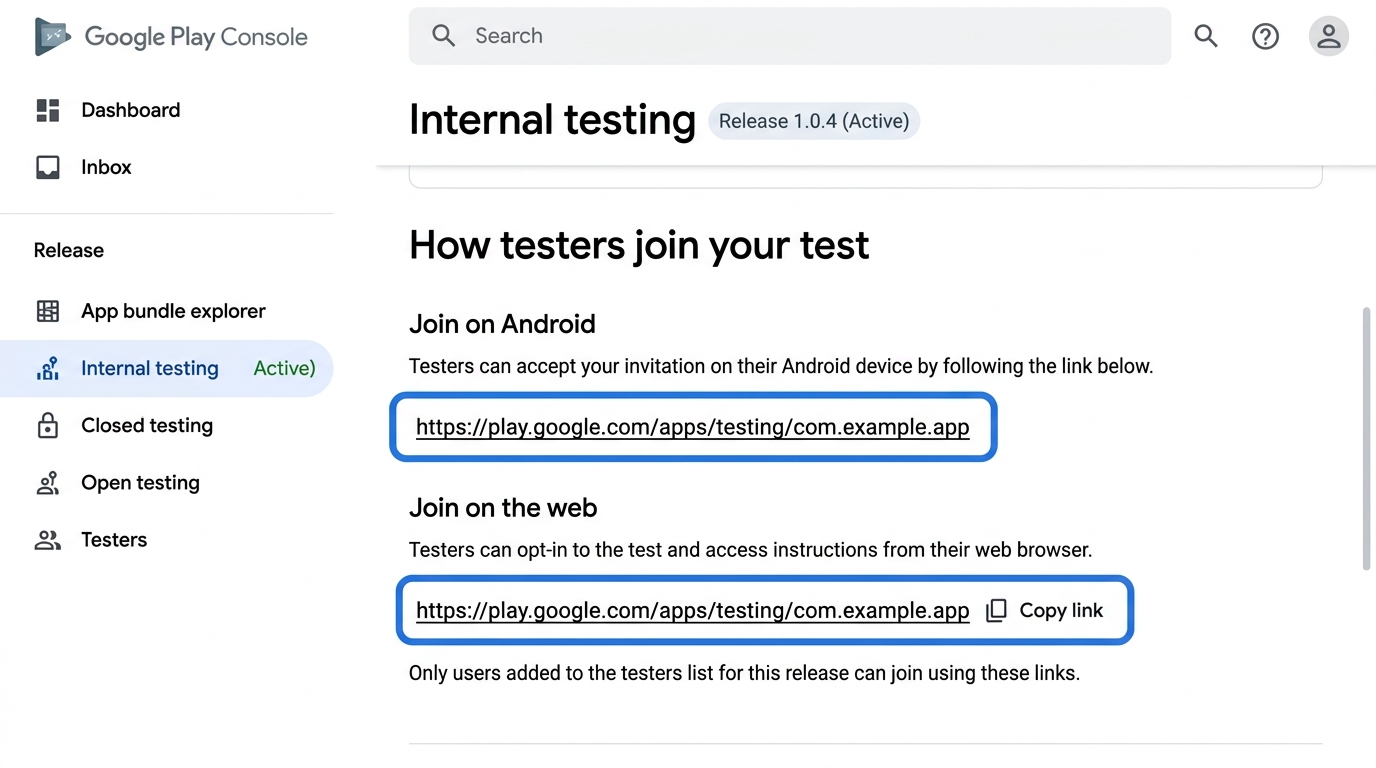 Google Play Console - Lien d'opt-in Web