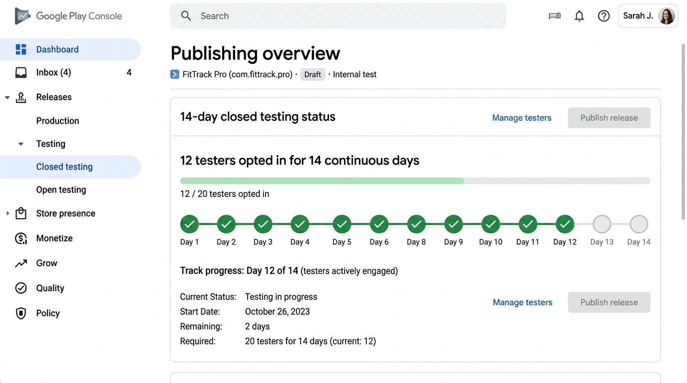 Suivi des 14 jours de test fermé sur Google Play Console