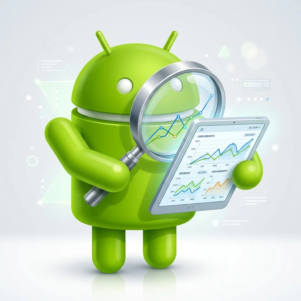 Illustration de bêta-testeurs Android avec la mascotte Android examinant un écran de tablette