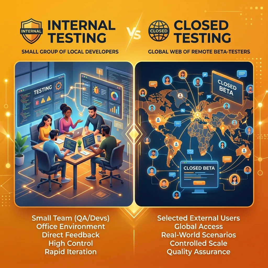 Illustration de la comparaison entre test interne et test fermé Google Play