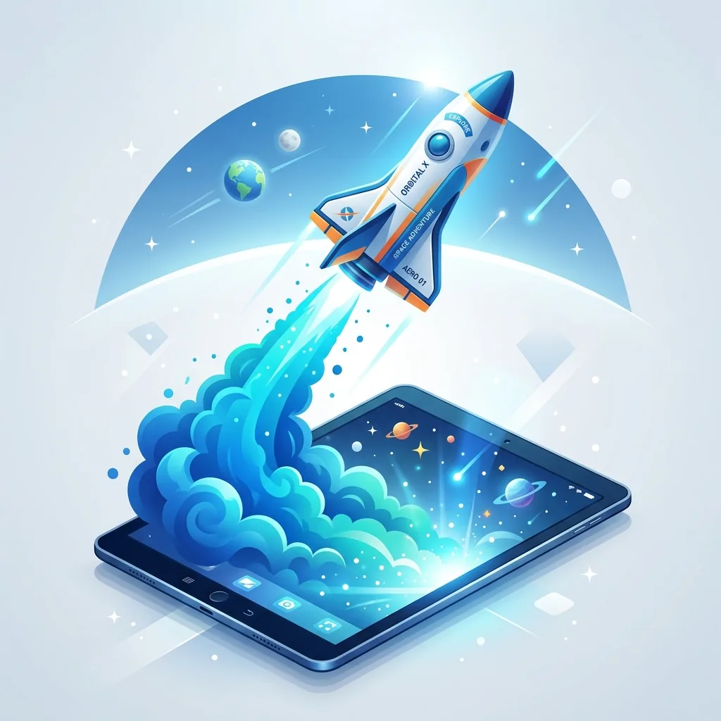 Illustration de la publication d'application Play Store avec une fusée qui décolle
